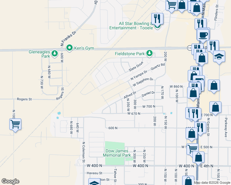 map of restaurants, bars, coffee shops, grocery stores, and more near 416 West Sapphire Drive in Tooele