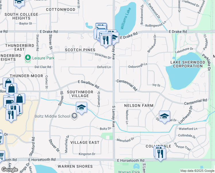 map of restaurants, bars, coffee shops, grocery stores, and more near 1024 East Swallow Road in Fort Collins