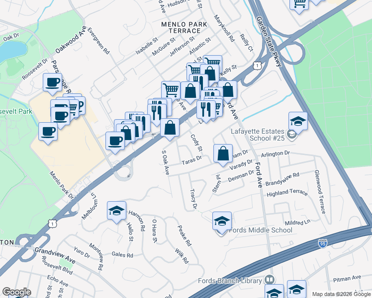 map of restaurants, bars, coffee shops, grocery stores, and more near 18 Penn Street in Woodbridge Township