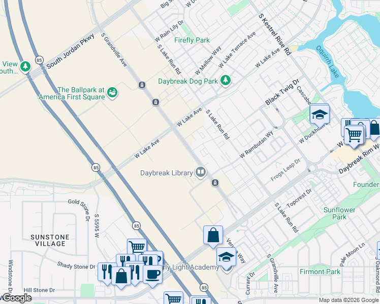 map of restaurants, bars, coffee shops, grocery stores, and more near 11303 South Parkline Drive in South Jordan