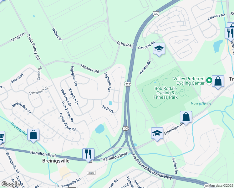 map of restaurants, bars, coffee shops, grocery stores, and more near 1074 King Way in Breinigsville