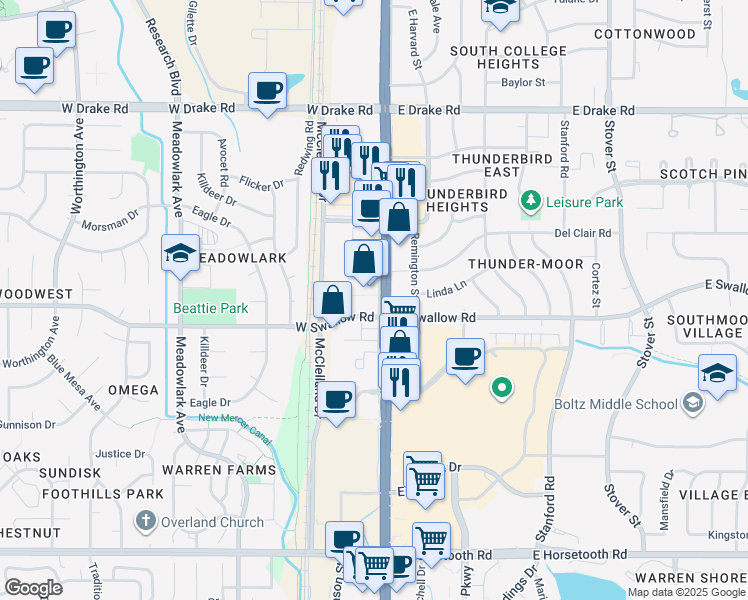 map of restaurants, bars, coffee shops, grocery stores, and more near 2925 South College Avenue in Fort Collins