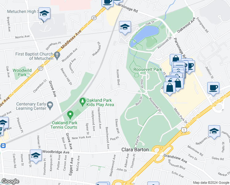 map of restaurants, bars, coffee shops, grocery stores, and more near 17 Parkwood Court in Edison