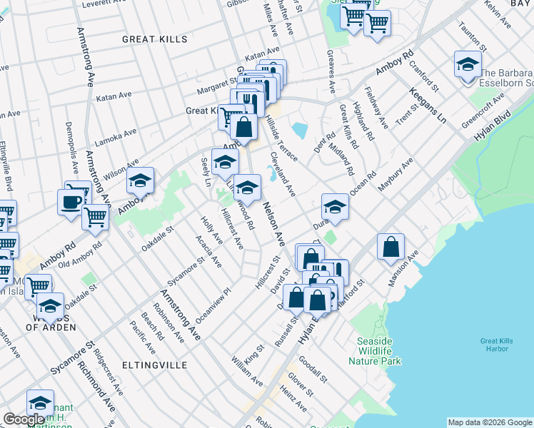 map of restaurants, bars, coffee shops, grocery stores, and more near 160 Nelson Avenue in Staten Island