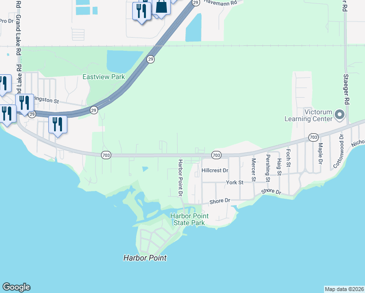 map of restaurants, bars, coffee shops, grocery stores, and more near 2505 State Route 703 in Celina