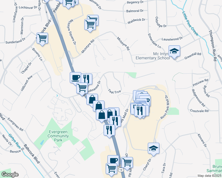 map of restaurants, bars, coffee shops, grocery stores, and more near 1701 Teal Trce in Pittsburgh