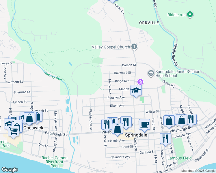 map of restaurants, bars, coffee shops, grocery stores, and more near 607 Maple Avenue in Springdale
