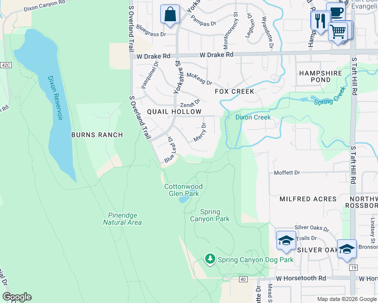 map of restaurants, bars, coffee shops, grocery stores, and more near 2743 Dixon Creek Lane in Fort Collins