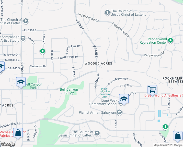 map of restaurants, bars, coffee shops, grocery stores, and more near 2102 East 11270 South in Sandy