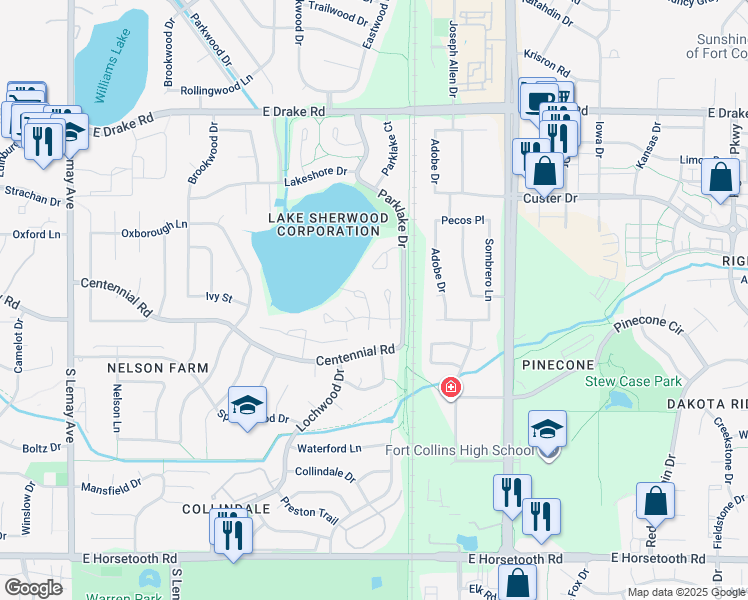 map of restaurants, bars, coffee shops, grocery stores, and more near 3036 Regatta Lane in Fort Collins