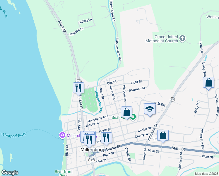 map of restaurants, bars, coffee shops, grocery stores, and more near 773 Church Street in Millersburg