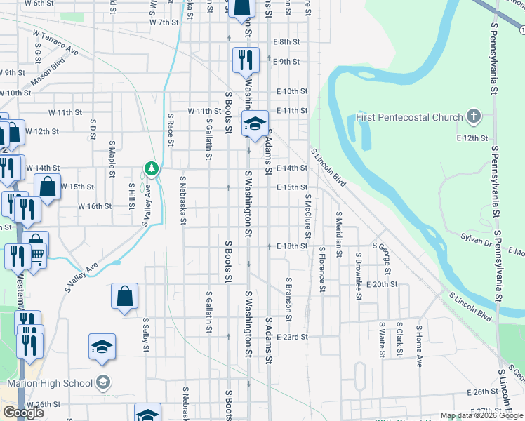 map of restaurants, bars, coffee shops, grocery stores, and more near 1602 South Adams Street in Marion