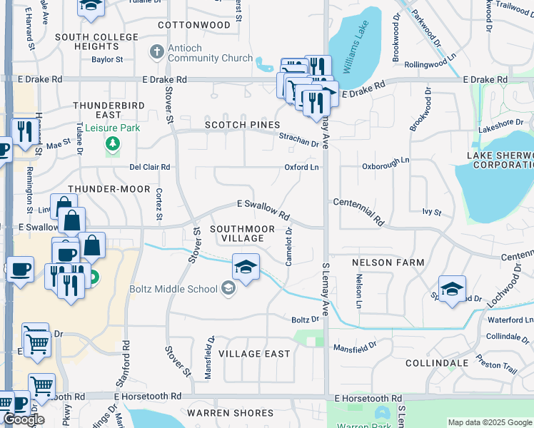 map of restaurants, bars, coffee shops, grocery stores, and more near 905 East Swallow Road in Fort Collins