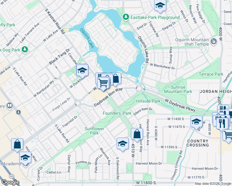 map of restaurants, bars, coffee shops, grocery stores, and more near 4605 Daybreak Rim Way in South Jordan
