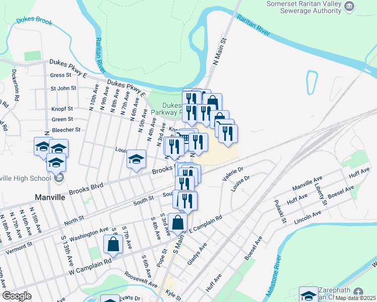 map of restaurants, bars, coffee shops, grocery stores, and more near 238 North 1st Avenue in Manville