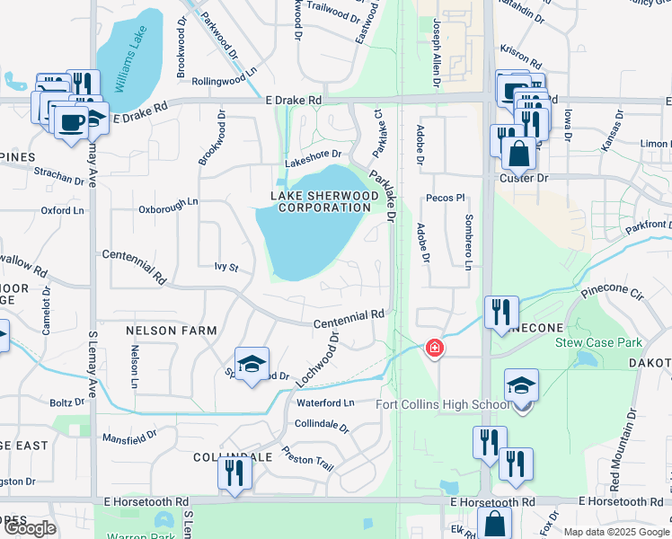map of restaurants, bars, coffee shops, grocery stores, and more near 3005 Marina Lane in Fort Collins