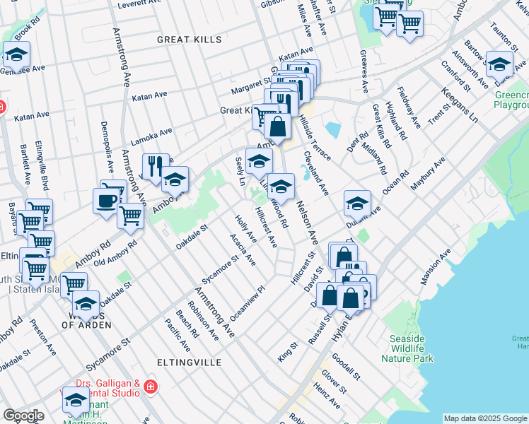 map of restaurants, bars, coffee shops, grocery stores, and more near 150 Lindenwood Road in Staten Island