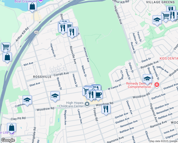 map of restaurants, bars, coffee shops, grocery stores, and more near 466 Correll Avenue in Staten Island
