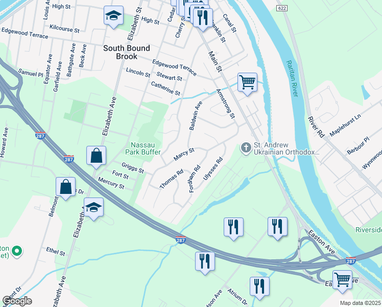 map of restaurants, bars, coffee shops, grocery stores, and more near 51 Marcy Street in Franklin Township