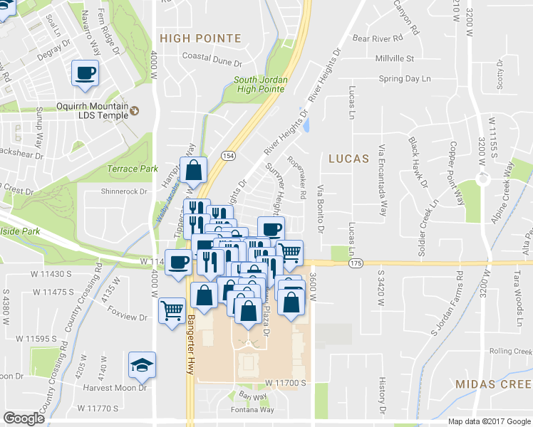 map of restaurants, bars, coffee shops, grocery stores, and more near 3721 Lilac Heights Drive in South Jordan