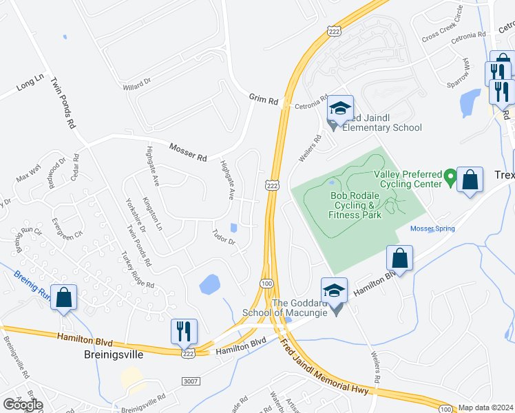 map of restaurants, bars, coffee shops, grocery stores, and more near 1071 King Way in Breinigsville