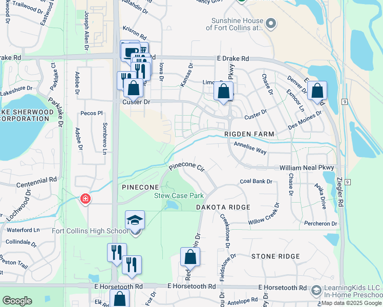 map of restaurants, bars, coffee shops, grocery stores, and more near 3007 Milner Court in Fort Collins