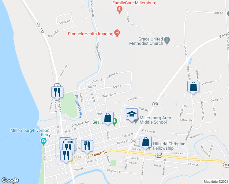 map of restaurants, bars, coffee shops, grocery stores, and more near 607 Bowman Street in Millersburg