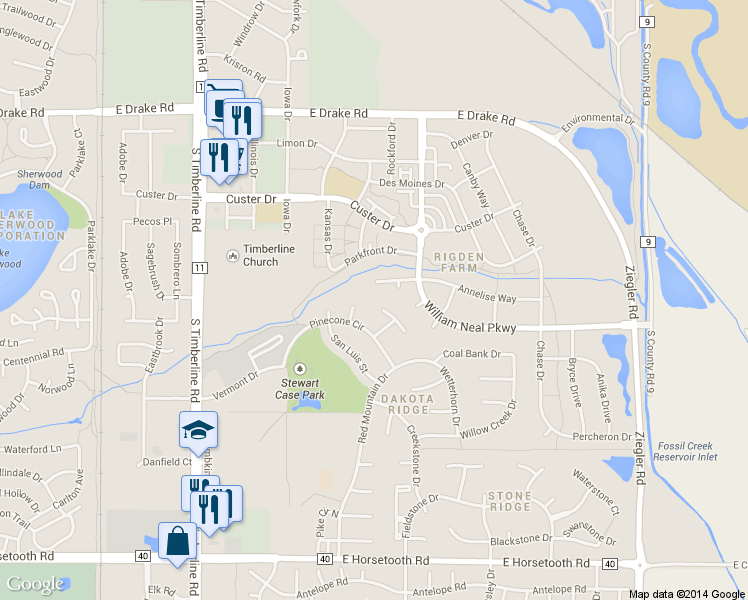 map of restaurants, bars, coffee shops, grocery stores, and more near 2500 Shavano Ct in Fort Collins