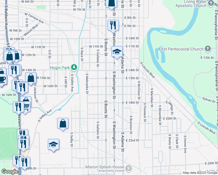 map of restaurants, bars, coffee shops, grocery stores, and more near 117 West 16th Street in Marion
