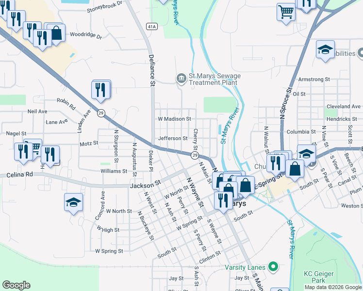 map of restaurants, bars, coffee shops, grocery stores, and more near 115 Hickory Street in Saint Marys