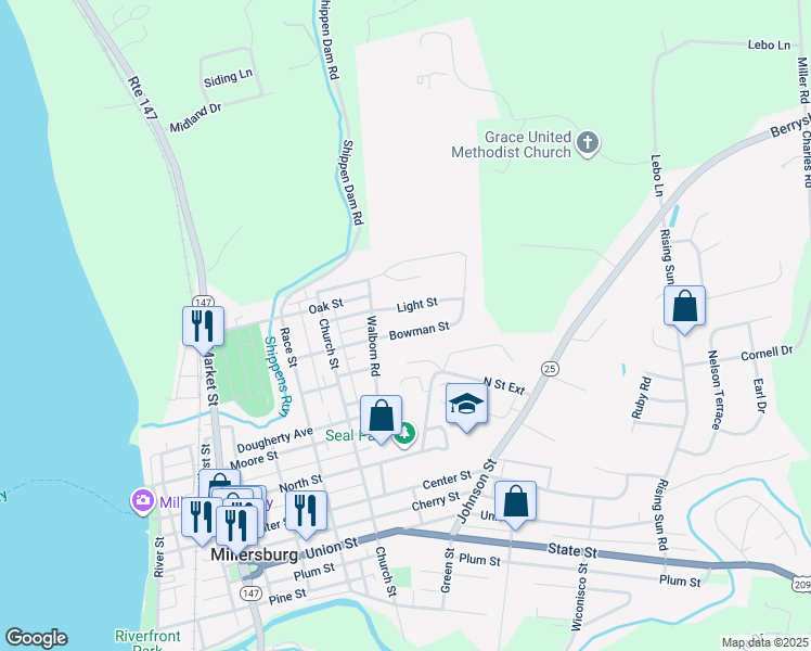 map of restaurants, bars, coffee shops, grocery stores, and more near 607 Bowman Street in Millersburg