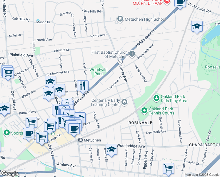 map of restaurants, bars, coffee shops, grocery stores, and more near 39 Clarendon Court in Metuchen