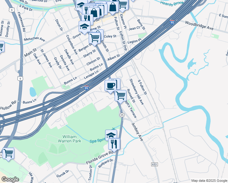 map of restaurants, bars, coffee shops, grocery stores, and more near 100 Cricket Lane in Woodbridge Township