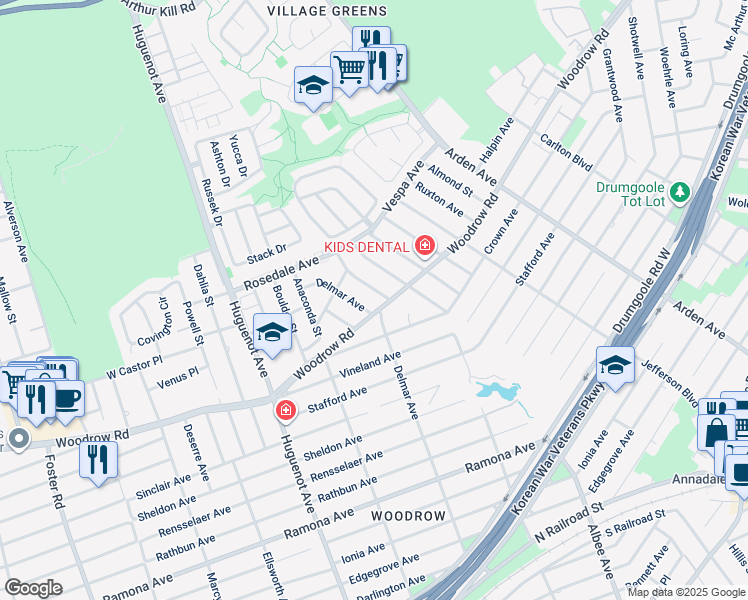 map of restaurants, bars, coffee shops, grocery stores, and more near 817 Woodrow Road in Staten Island