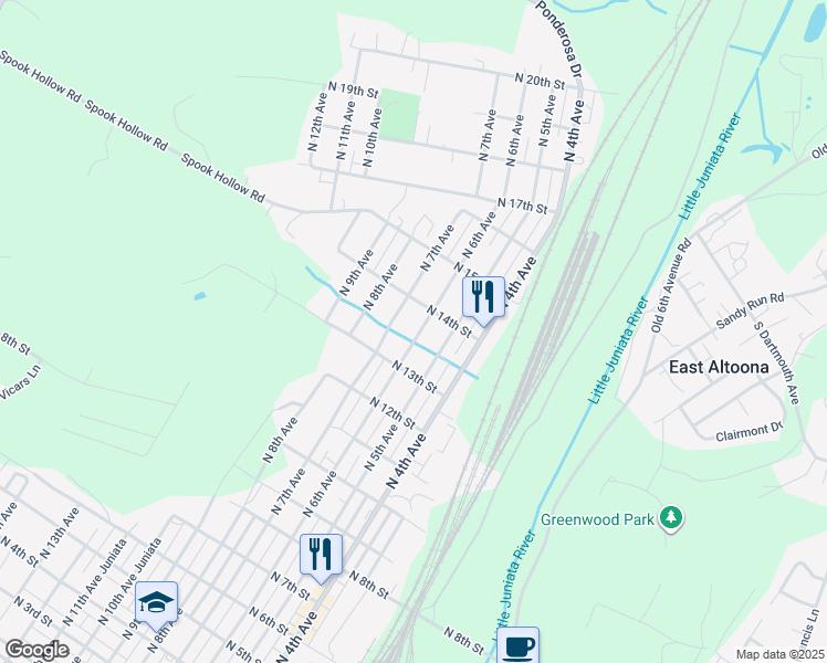 map of restaurants, bars, coffee shops, grocery stores, and more near 1331 North 6th Avenue in Altoona