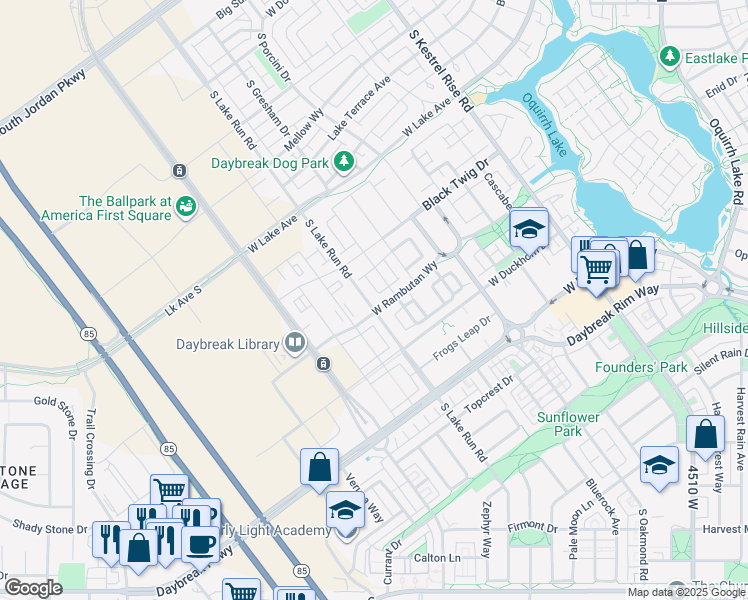 map of restaurants, bars, coffee shops, grocery stores, and more near 11279 South Lake Run Road in South Jordan