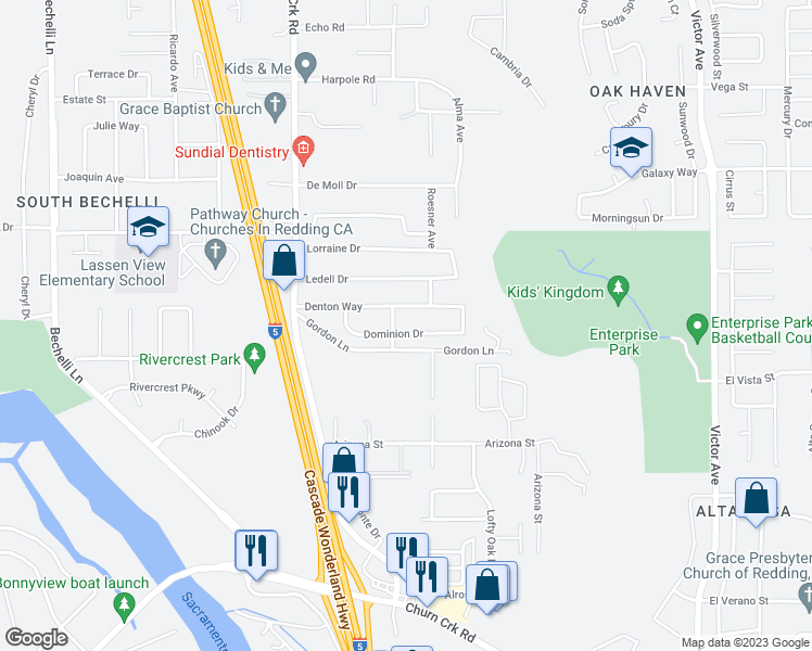 map of restaurants, bars, coffee shops, grocery stores, and more near 1264 Dominion Drive in Redding