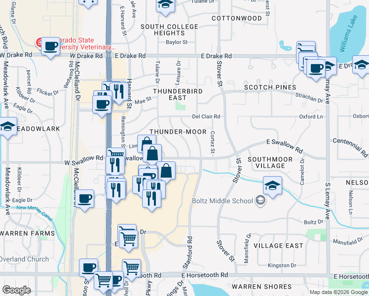 map of restaurants, bars, coffee shops, grocery stores, and more near 3019 Alamo Avenue in Fort Collins