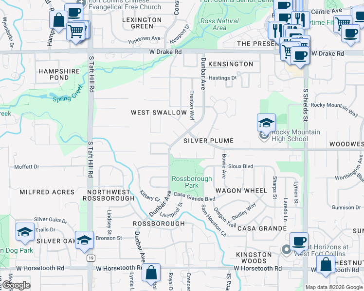map of restaurants, bars, coffee shops, grocery stores, and more near 1601 West Swallow Road in Fort Collins