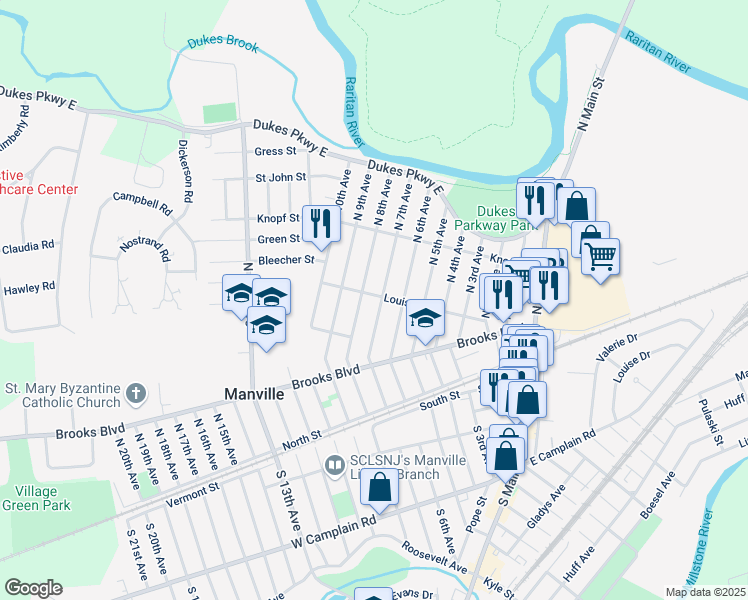 map of restaurants, bars, coffee shops, grocery stores, and more near 701 Louis Street in Manville