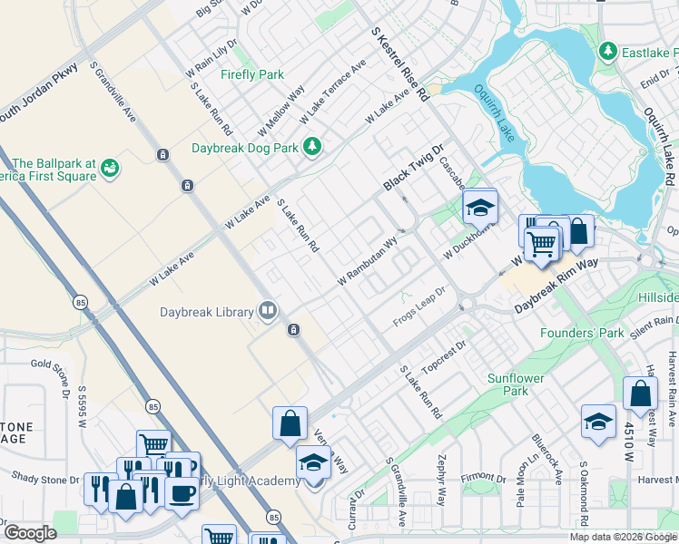 map of restaurants, bars, coffee shops, grocery stores, and more near 11279 South Lake Run Road in South Jordan