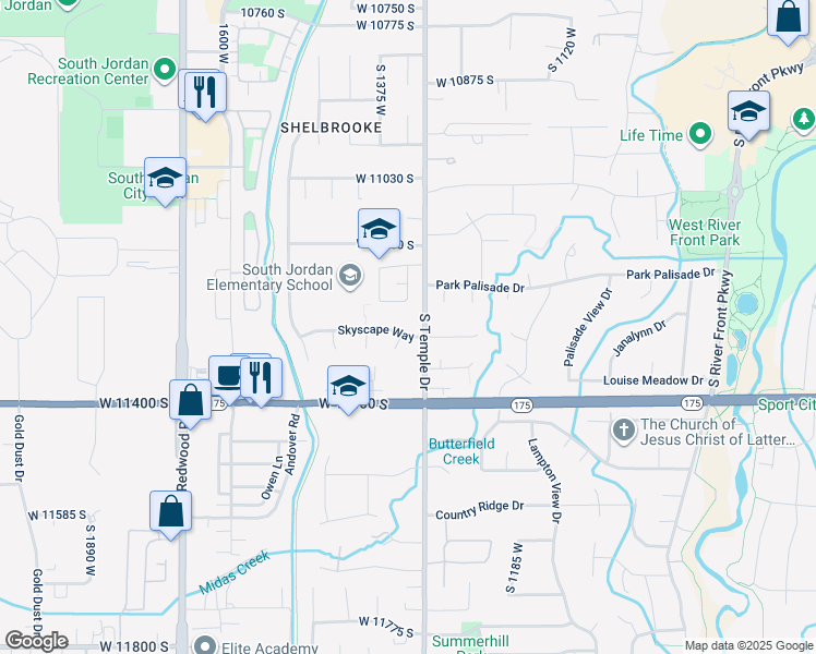 map of restaurants, bars, coffee shops, grocery stores, and more near 1332 Skyscape Way in South Jordan