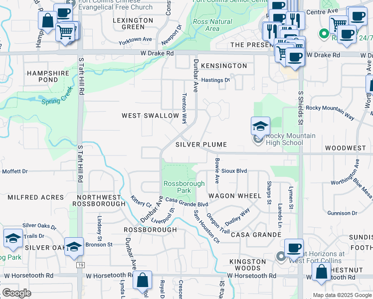 map of restaurants, bars, coffee shops, grocery stores, and more near 1601 West Swallow Road in Fort Collins