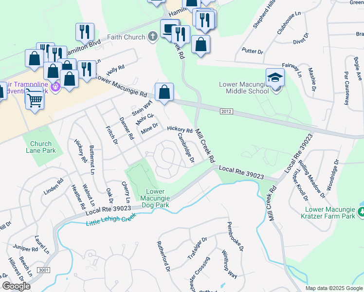 map of restaurants, bars, coffee shops, grocery stores, and more near 1488 Cambridge Drive in Macungie