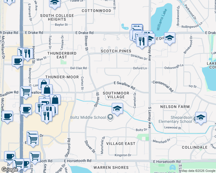 map of restaurants, bars, coffee shops, grocery stores, and more near 713 East Swallow Road in Fort Collins