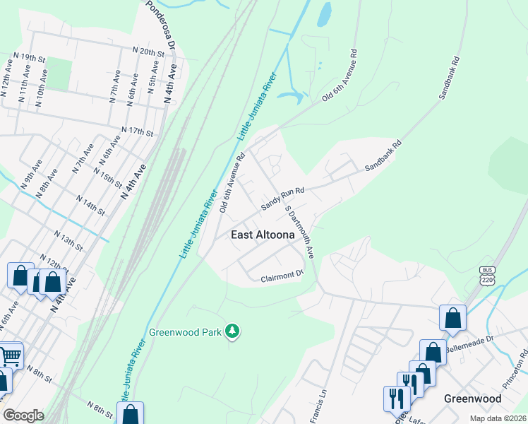 map of restaurants, bars, coffee shops, grocery stores, and more near 101-199 Daily Street in Altoona