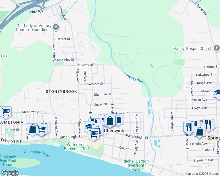 map of restaurants, bars, coffee shops, grocery stores, and more near 509 North Highland Avenue in Cheswick