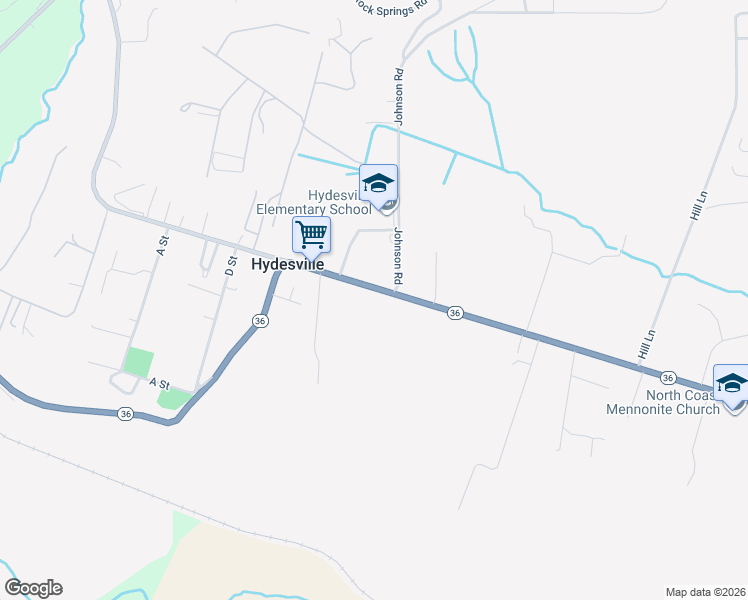 map of restaurants, bars, coffee shops, grocery stores, and more near 3568 California 36 in Hydesville