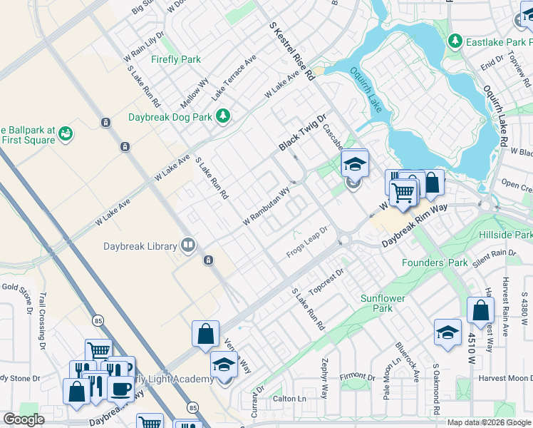map of restaurants, bars, coffee shops, grocery stores, and more near 5033 Rambutan Way in South Jordan