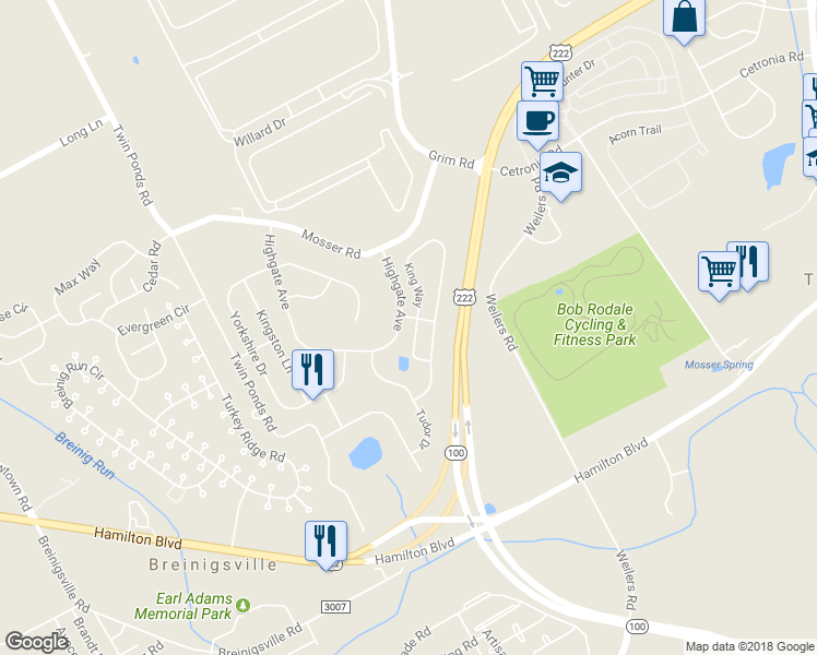 map of restaurants, bars, coffee shops, grocery stores, and more near 883 King Way in Breinigsville